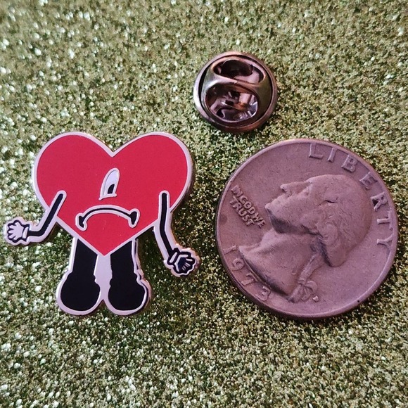3/$20 Bad Bunny Rapper Sad Face Heart Hard Enamel Pin - Picture 2 of 3